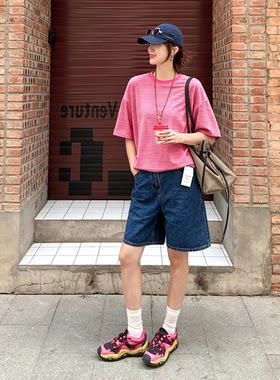 2026夏新款撞色条纹短袖T恤女宽松慵懒风落肩中长款百搭显瘦上衣