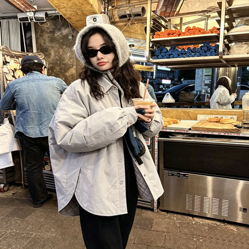 阿普瑞风夹棉衬衫外套女秋冬宽松廓形薄棉服日系慵懒翻领衬衣棉衣