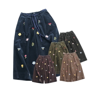 2025年秋冬全棉日系森女刺绣花灯芯绒阔腿裤 女宽松显瘦百搭休闲裤