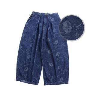 老爹裤 复古个性 休闲裤 女宽松显瘦九分裤 暗纹浮雕感拉花牛仔阔腿裤