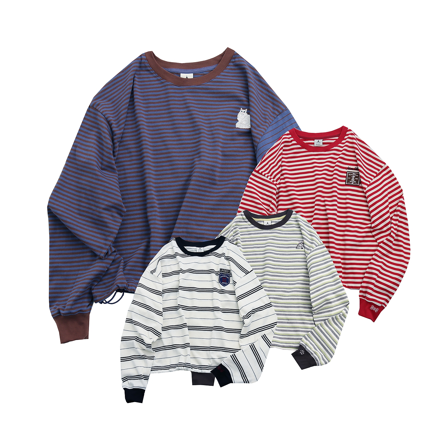 2025年新款日系文艺显瘦宽松下摆收口学院风条纹圆领T恤上衣女装