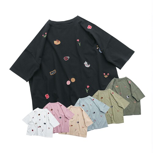 日单T恤新款刺绣图案纯棉上衣文艺短袖女宽松休闲大码圆领tshirt