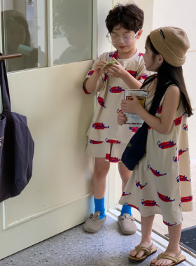 17th second兄妹装夏季男女童韩版字母涂鸦T恤裙儿童短袖短裤套装