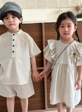 17th second兄妹装儿童姐弟装短袖连衣裙夏季龙凤胎纯棉衬衫套装