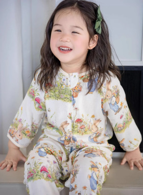 17th second儿童七分袖前四后二夏季薄睡袋竹纤维分腿男女童睡衣