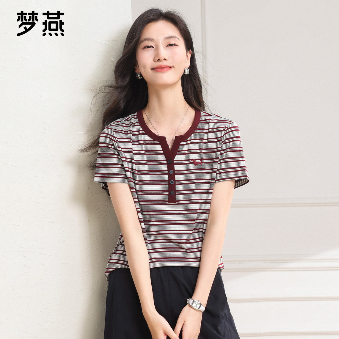 梦燕条纹针织T恤衫女装2026年夏季新款简约风短袖上衣5BC01B6504M