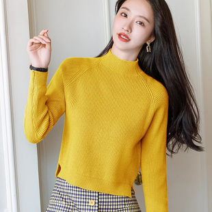 宽松半高领毛衣女短款下摆开叉2026年秋冬保暖加厚针织衫减龄外套