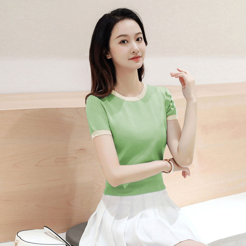 抹茶绿毛衣女短袖薄款冰丝针织衫上衣夏装圆领小个子短款高腰线衣