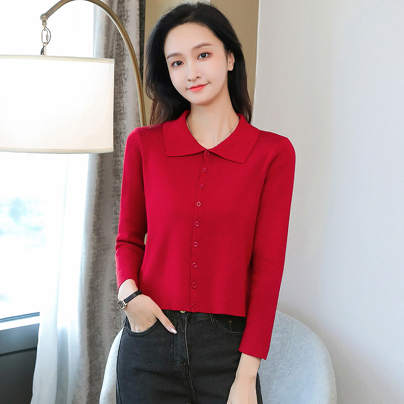小个子翻领针织开衫女长袖洋气短款毛衫2026年秋冬高腰毛衣打底衫