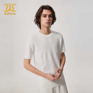 T恤男夏商务圆领轻奢高级 卡宾针织条纹肌理白色短袖 商场同款