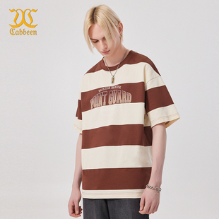 【商场同款】卡宾男装条纹T恤夏季新款字母印花短袖宽松上衣潮牌