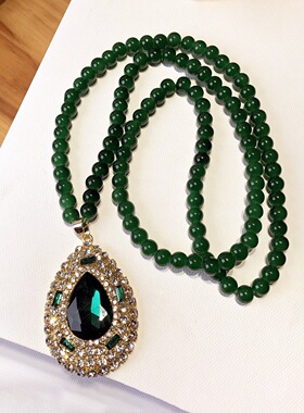 新款复古祖母绿串珠水晶项链女水滴毛衣链长款感吊坠配饰挂件