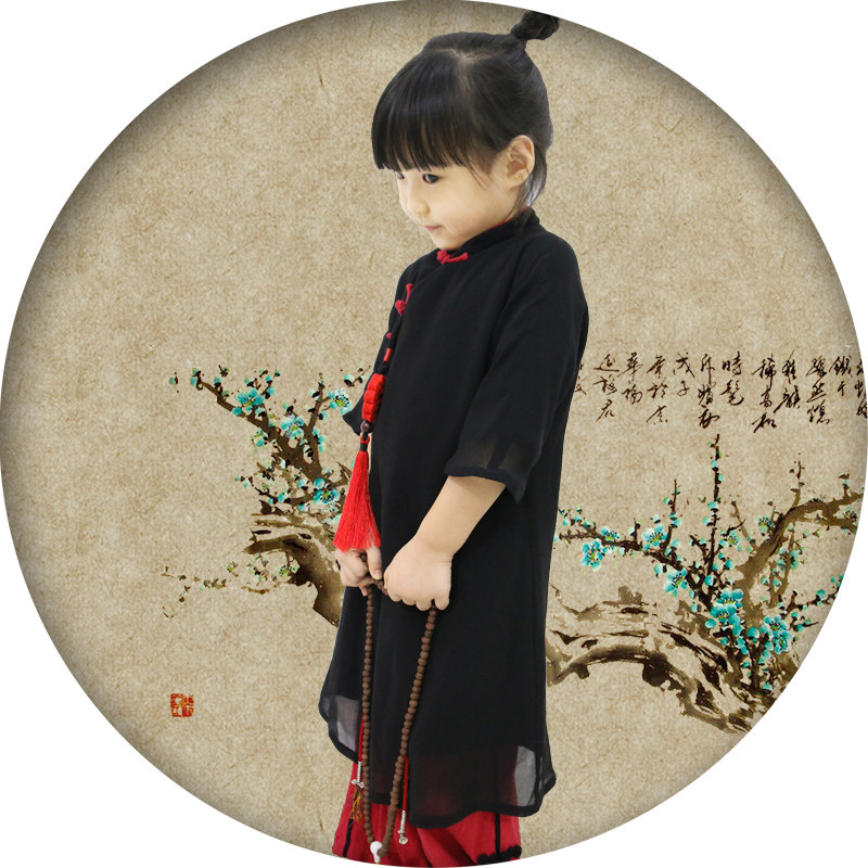 弟子皈儿童国学传统服装女童宝宝棉麻汉服表演服超仙改良服装禅服