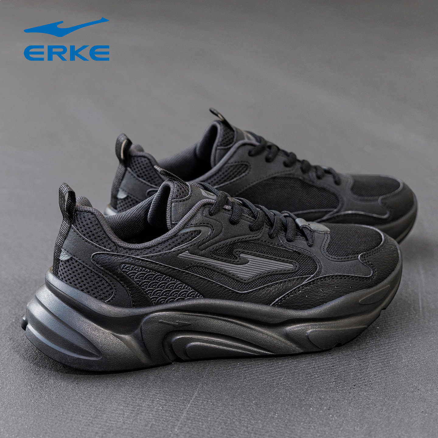 鸿星尔克男鞋跑步鞋黑色厚底老爹鞋男2026新款网面透气运动鞋男士