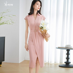 米思阳2025夏季新款优雅气质短袖连衣裙收腰修身Polo领包臀裙2146