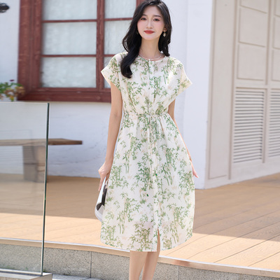 米思阳2025秋季新款短袖收腰碎花连衣裙时尚气质显瘦裙子女2485