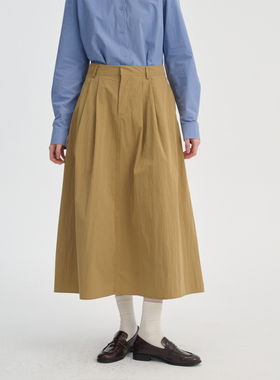 Uihasd 26春卡其高腰压褶A字半裙棉质简约复古通勤风中长款半身裙