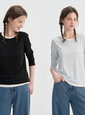 Uihasd简约舒适假两件桑蚕丝养肤衣女圆领休闲风修身长袖针织T恤