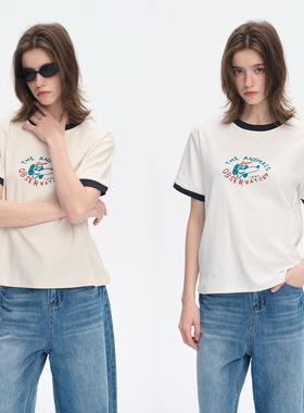 Uihasd 甜酷小狗'两色撞色印花T恤夏季亲肤复古减龄百搭短袖上衣