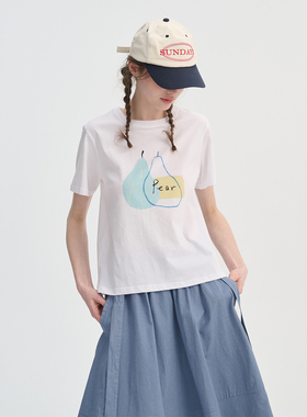 Uihasd白色梨子印花短袖T恤高支数棉休闲风卡通图案宽松圆领上衣