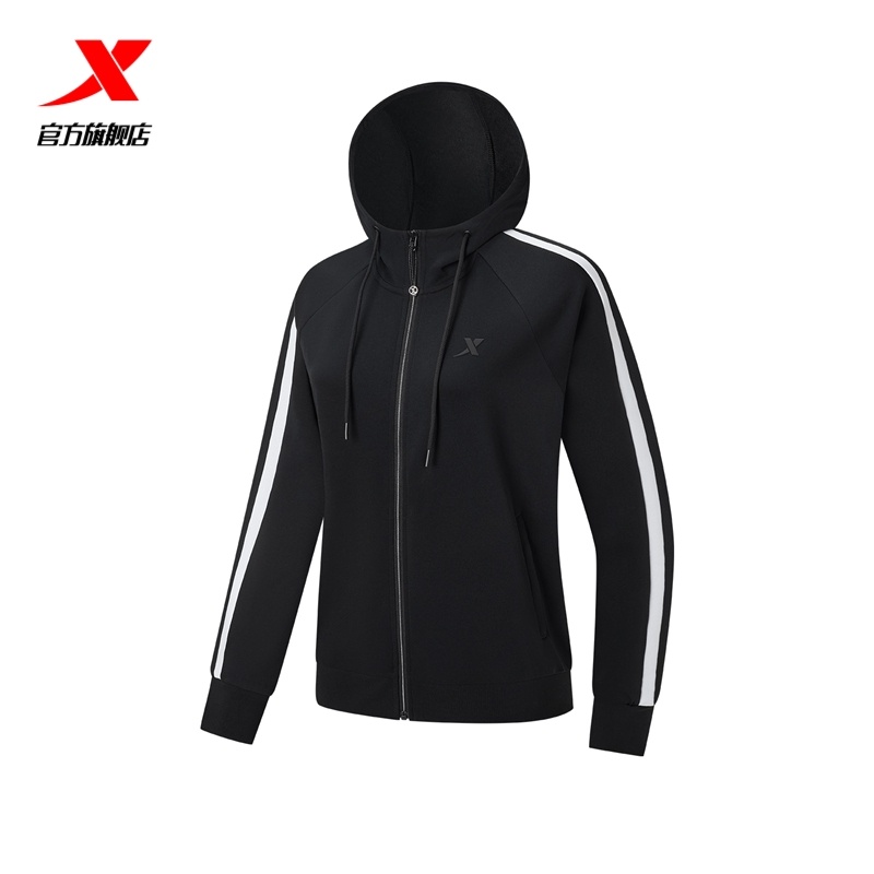 特步针织卫衣外套女士秋季新款连帽上衣休闲立领夹克976328940066