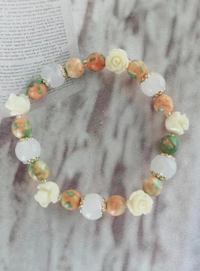 玫瑰花手链雨彩石串珠原创设计