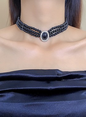 复古风几何镶钻椭圆黑色珍珠项链