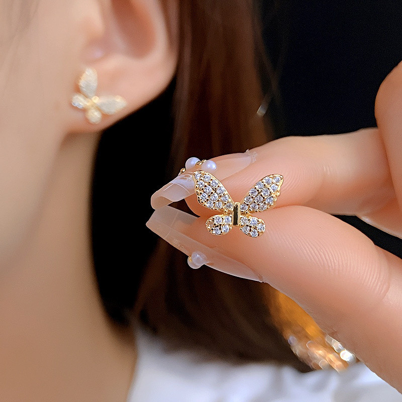 高级感铜镶锆蝴蝶耳钉时尚气质简