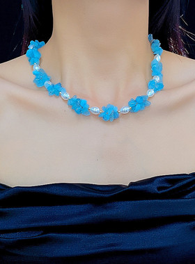 不规则蓝色碎石串珠项链女小众设