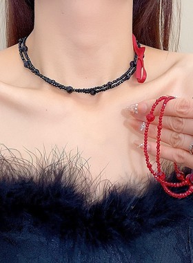 甜美水晶黑色红色蝴蝶结项链女小
