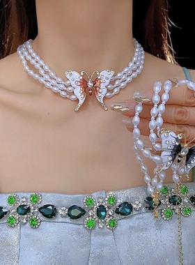 法式镶钻蝴蝶吊坠多层珍珠项链温