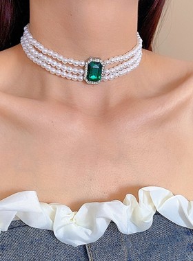 简约法式多层仿珍珠锁骨链项饰甜