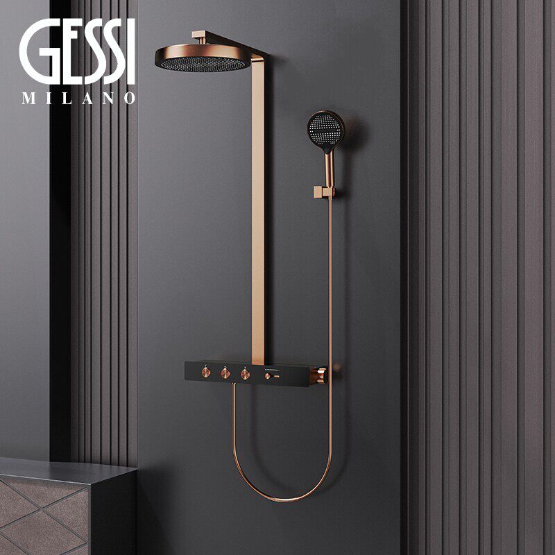 意大利GESSI明装花洒铜大顶喷可调节水流量玫瑰金色按键淋浴套装