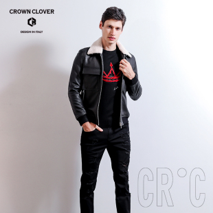 羊羔毛翻领冬季 休闲男真皮夹克皮衣修身 CROWN秋冬新款 CLOVER 型