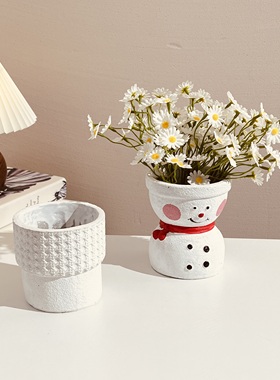 简约可爱雪人造型水泥花瓶创意手工编织diy家居装饰摆件