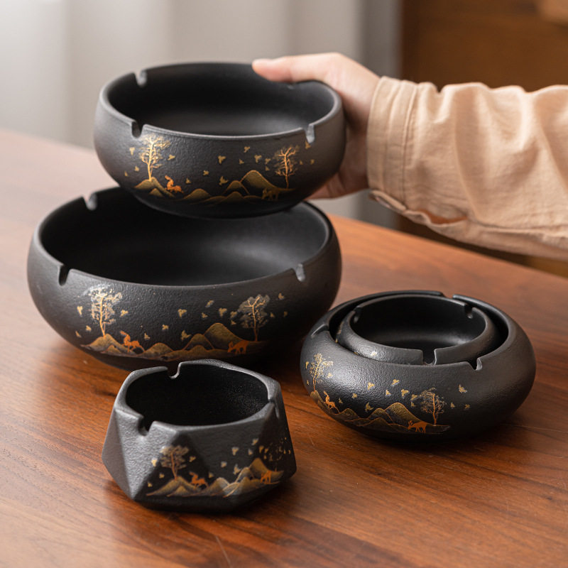 烟灰缸创意家用个性潮流客厅陶瓷新中式防飞灰密封带盖办公室烟缸