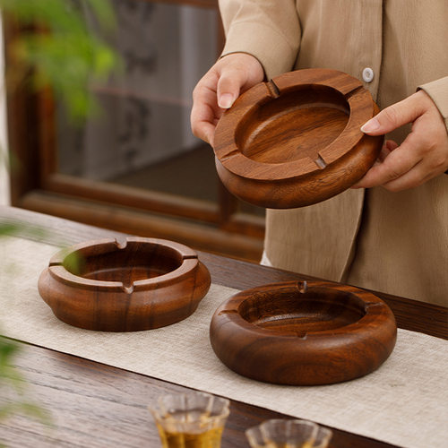 南美胡桃木实木烟灰缸大号带盖烟灰缸创意个性潮流中式复古客厅家