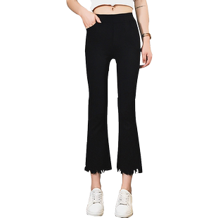 小个子8分喇叭裤流苏边松紧腰小黑裤女薄款九分微辣喇裤女弹力7分