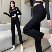 女九分 纽扣开衩小黑裤 8分烟管裤 女小个子梨形身材9分窄板直筒女裤