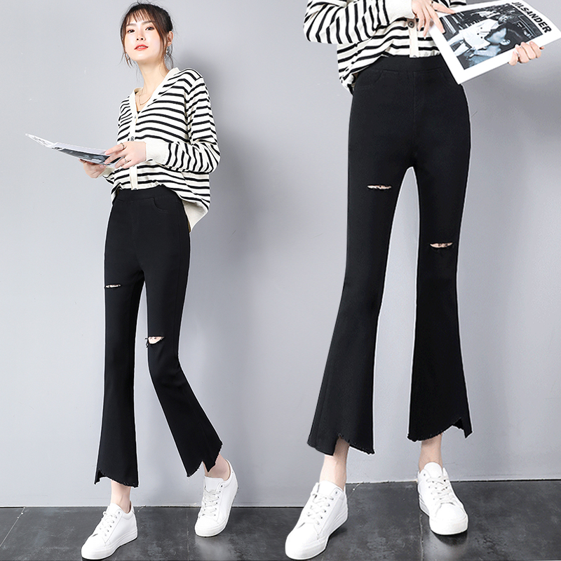 八九分不规则破洞微辣喇裤子女