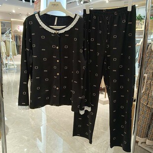 柔善睡衣女2025秋季款长袖针织纯棉对襟开衫休闲无领家居服套装