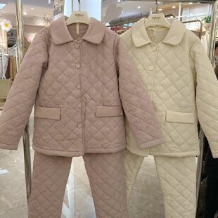 妮可雅加厚珊瑚绒夹棉睡衣女三层冬季新款羽绒布甜美家居服套装