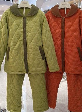 妮可雅纯棉薄夹棉睡衣女人2025秋冬新款珊瑚绒格子家居服套装