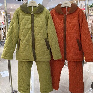 妮可雅纯棉薄夹棉睡衣女人2025秋冬新款珊瑚绒格子家居服套装