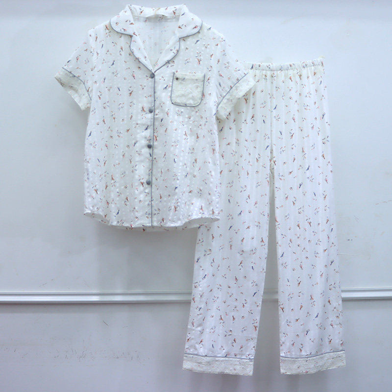 清仓特价佰伦世家女春夏季薄款短袖长裤梭织棉碎花开衫家居服套装