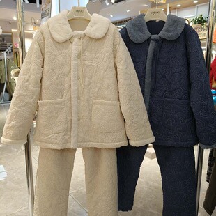 妮可雅睡衣女羽绒布薄夹棉秋冬季新款加厚珊瑚绒加大码家居服套装