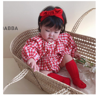 可爱格子 韩版婴幼儿女宝宝纯棉春夏套装长袖衬衫灯笼短裤两件套