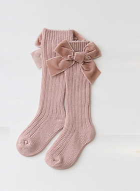 Passy'sChoice 西班牙毛线中筒袜女童婴儿天鹅绒蝴蝶结中筒袜新色