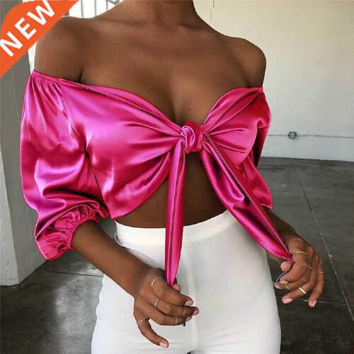 Women Off Shoulder Satin Silk Blouses Bandage Bowknot Shirts