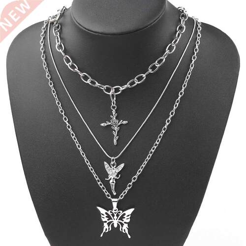 2021 3 Layers Hip Hop Cool Silver Color Cross Choker Necklac